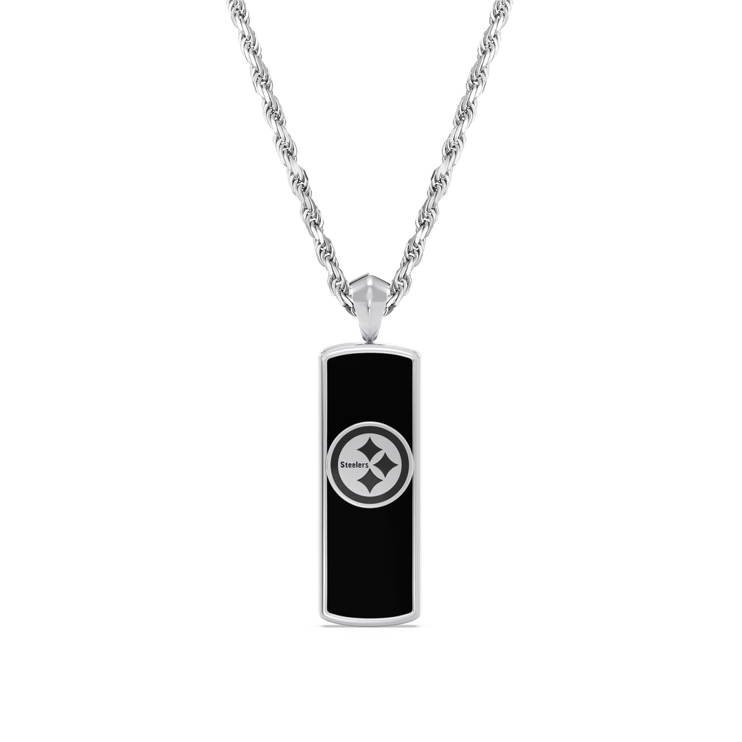 NFL PITTSBURGH STEELERS UNISEX ONYX PENDANT
 with 1/10 CTTW Diamonds and Sterling Silver