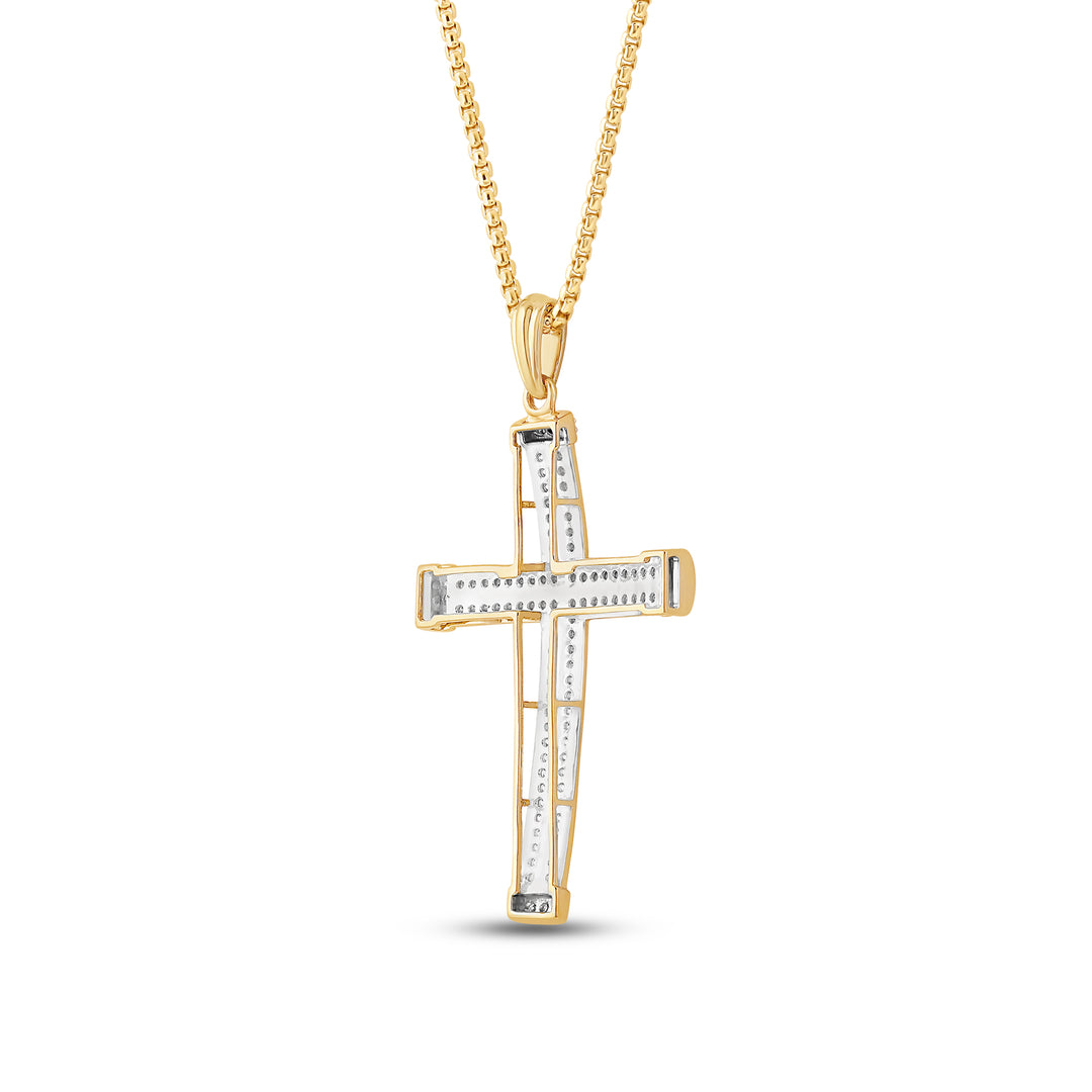 DOUBLE DIAMOND ROW CROSS MEN'S DRIPZ NECKLACE 
with Cubic Zirconia Stones and 14K Yellow Gold over Sterling Silver