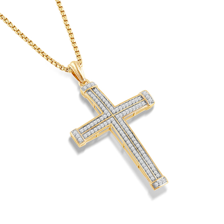 DOUBLE DIAMOND ROW CROSS MEN'S DRIPZ NECKLACE 
with Cubic Zirconia Stones and 14K Yellow Gold over Sterling Silver