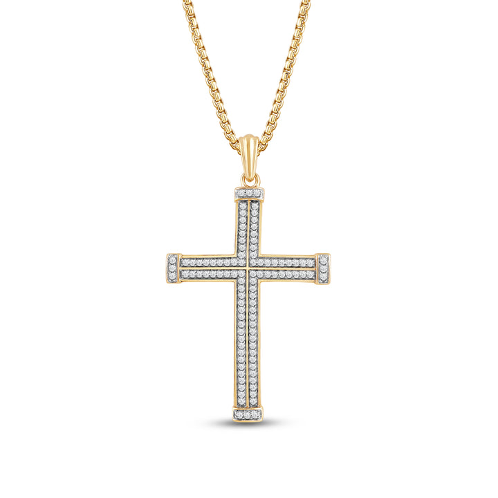 DOUBLE DIAMOND ROW CROSS MEN'S DRIPZ NECKLACE 
with Cubic Zirconia Stones and 14K Yellow Gold over Sterling Silver