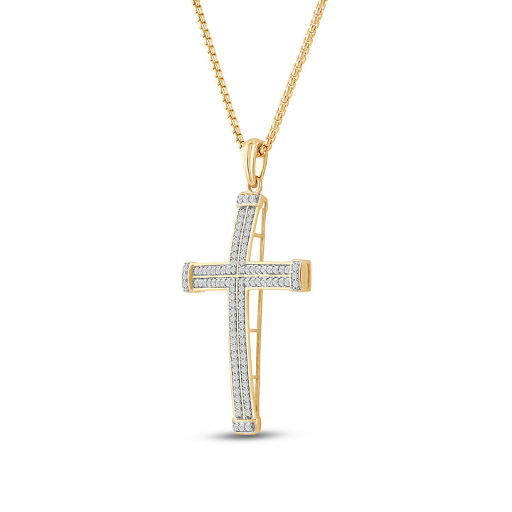 DOUBLE DIAMOND ROW CROSS MEN'S DRIPZ NECKLACE 
with Cubic Zirconia Stones and 14K Yellow Gold over Sterling Silver