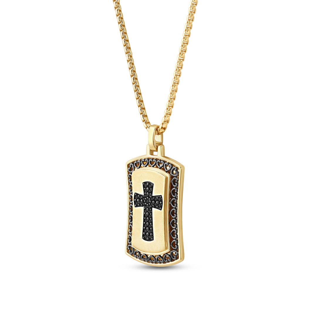 HEART FILIGREE BORDERED CROSS MEN'S DRIPZ DOGTAG NECKLACE  with Black Cubic Zirconia Stones and 14K Yellow Gold over Sterling Silver