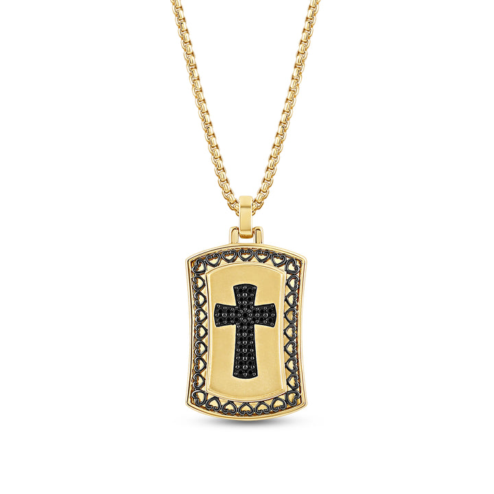 HEART FILIGREE BORDERED CROSS MEN'S DRIPZ DOGTAG NECKLACE  with Black Cubic Zirconia Stones and 14K Yellow Gold over Sterling Silver