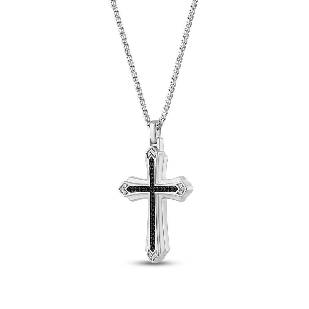 LAYERED ARROW ENDS CROSS MEN'S DRIPZ NECKLACE 
with Black and White Cubic Zirconia Stones and Sterling Silver