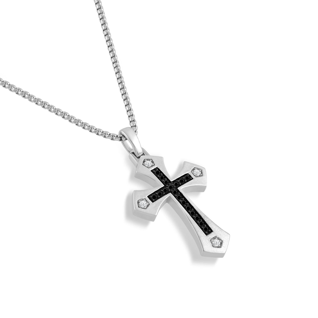 ARROW ENDS CROSS MEN'S DRIPZ NECKLACE with Black Zirconia and White Cubic Zirconia Stones and Sterling Silver