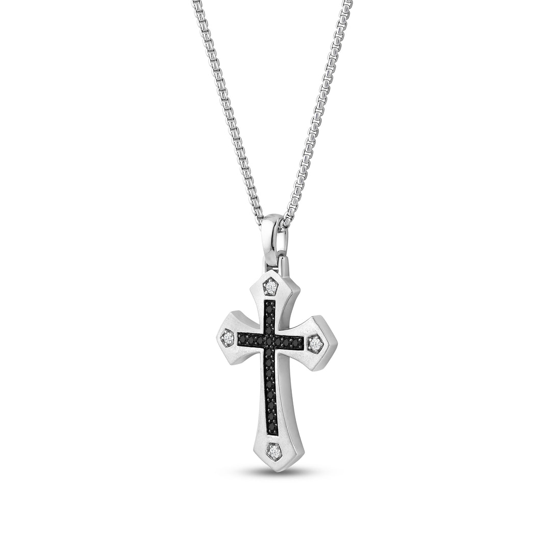 ARROW ENDS CROSS MEN'S DRIPZ NECKLACE with Black Zirconia and White Cubic Zirconia Stones and Sterling Silver