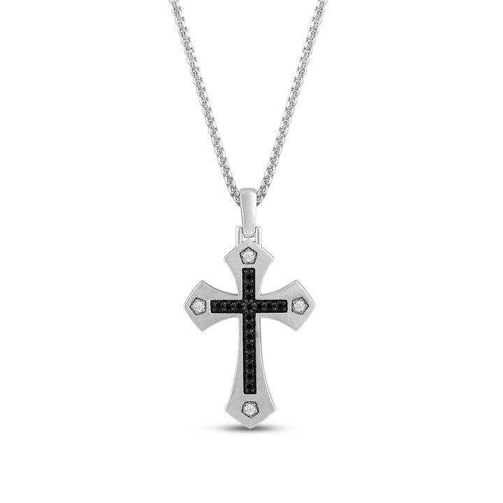 ARROW ENDS CROSS MEN'S DRIPZ NECKLACE with Black Zirconia and White Cubic Zirconia Stones and Sterling Silver