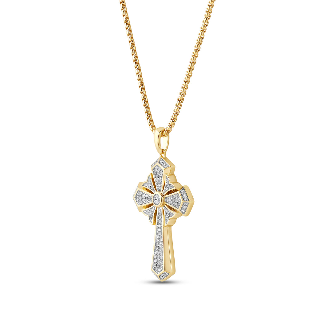 BEVEL EDGED ARROW ENDS CROSS MEN'S DRIPZ NECKLACE
with Cubic Zirconia Stones and 14K Yellow Gold over Sterling Silver