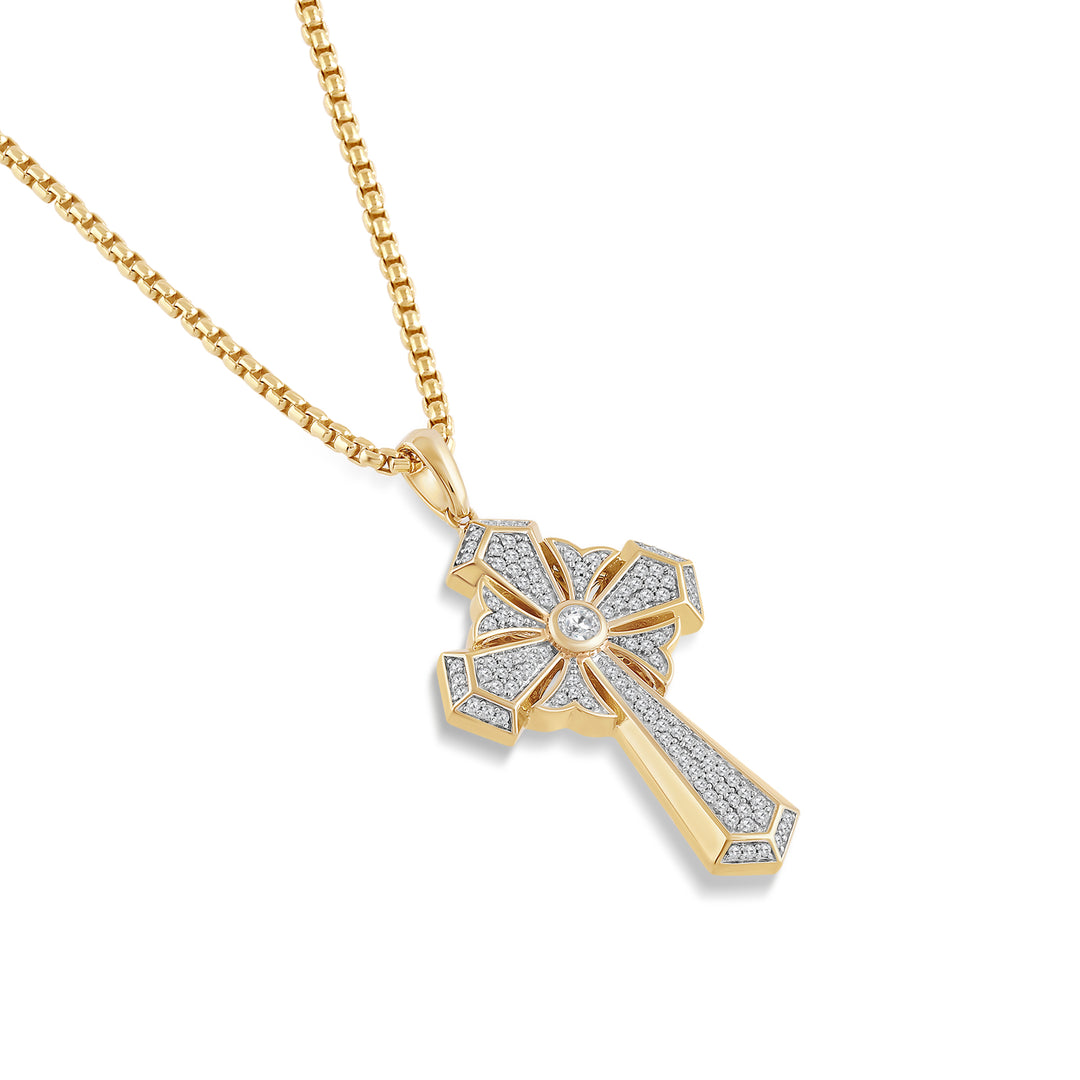 BEVEL EDGED ARROW ENDS CROSS MEN'S DRIPZ NECKLACE
with Cubic Zirconia Stones and 14K Yellow Gold over Sterling Silver