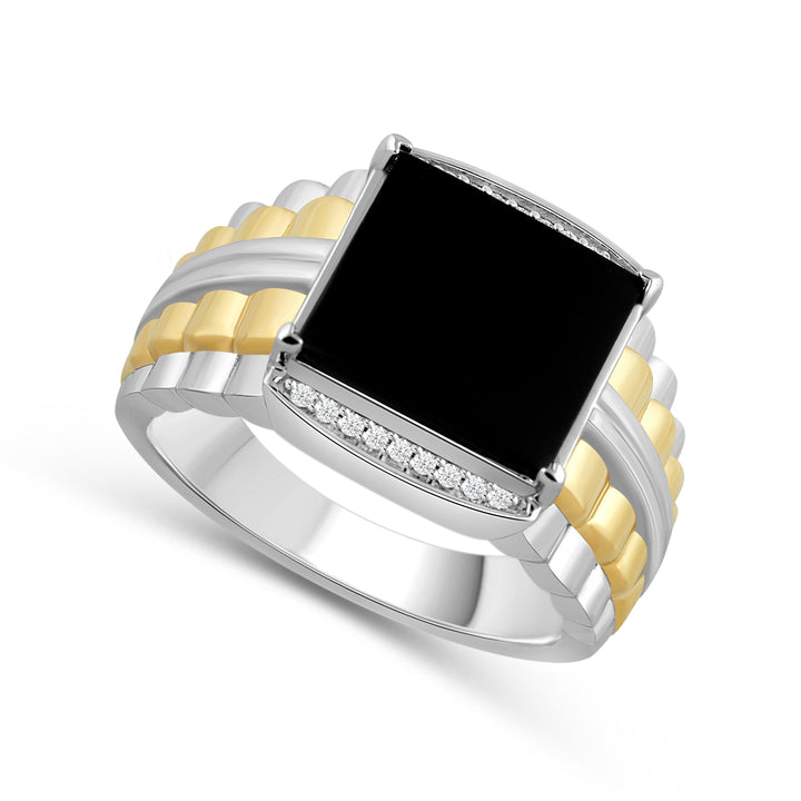 SQUARE ONYX RADIATING SHANK MEN'S DRIPZ RING
with Cubic Zirconia Stones and 14K Yellow Gold over Sterling Silver and Black Onyx Stone