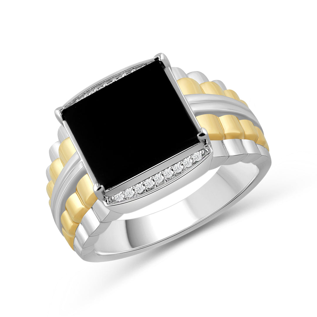 SQUARE ONYX RADIATING SHANK MEN'S DRIPZ RING
with Cubic Zirconia Stones and 14K Yellow Gold over Sterling Silver and Black Onyx Stone