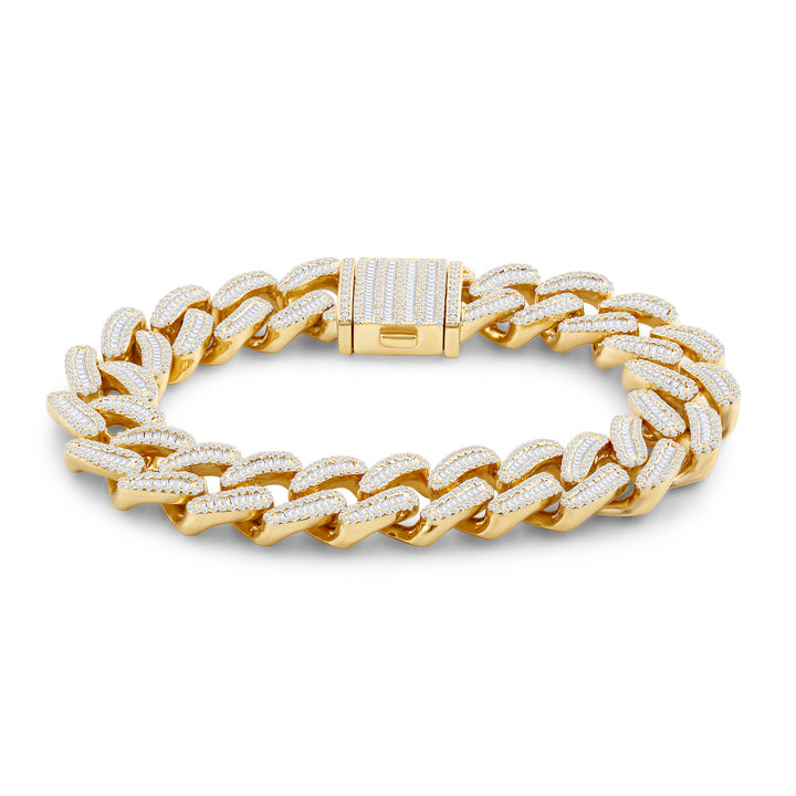 15MM CUBAN MEN'S DRIPZ BAGUETTE BRACELET with Cubic Zirconia Stones and 14K Yellow Gold over Sterling Silver