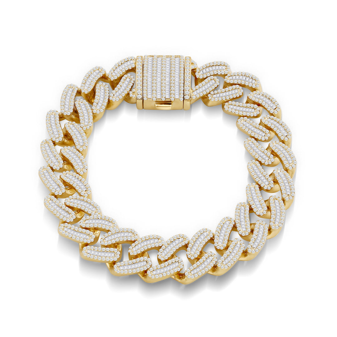 15MM CUBAN MEN'S DRIPZ BAGUETTE BRACELET with Cubic Zirconia Stones and 14K Yellow Gold over Sterling Silver