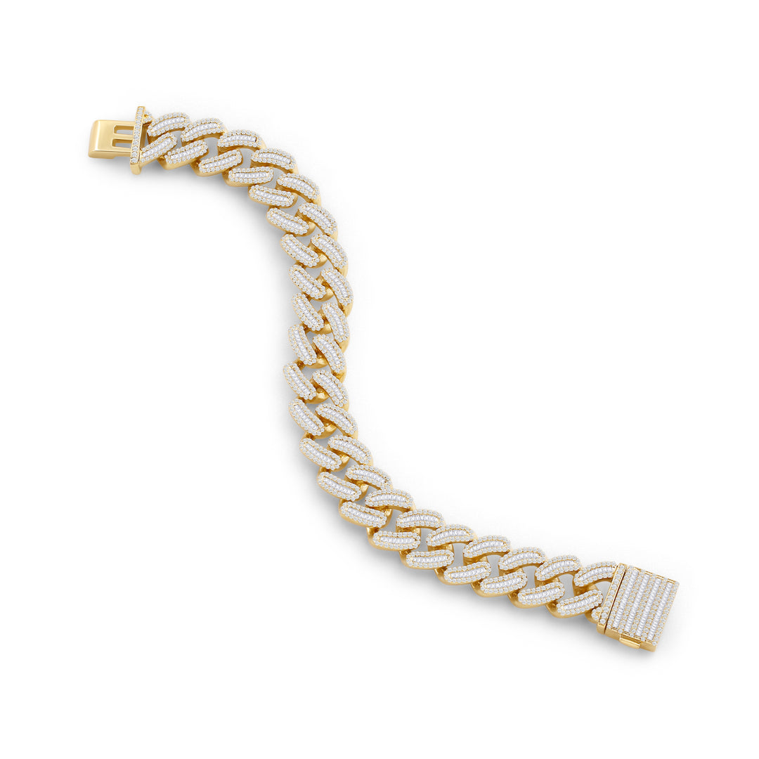 15MM CUBAN MEN'S DRIPZ BAGUETTE BRACELET with Cubic Zirconia Stones and 14K Yellow Gold over Sterling Silver