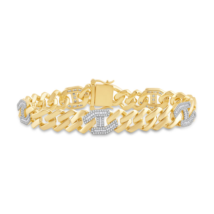 11MM CUBAN PLAIN AND STUDDED COMBINATION MEN'S DRIPZ BAGUETTE BRACELET
with Cubic Zirconia Stones and 14K Yellow Gold over Sterling Silver