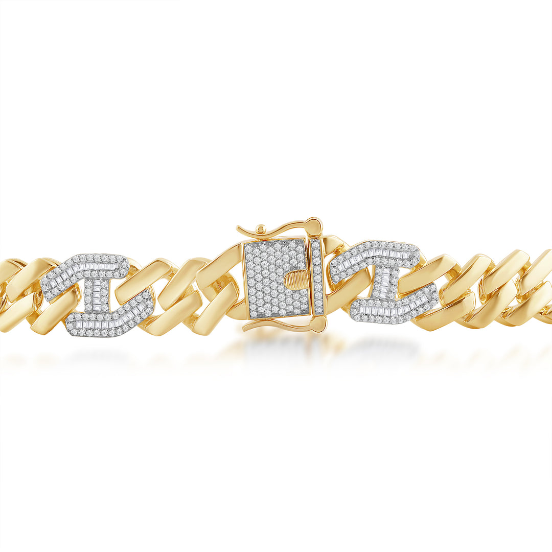 11MM CUBAN PLAIN AND STUDDED COMBINATION MEN'S DRIPZ BAGUETTE BRACELET
with Cubic Zirconia Stones and 14K Yellow Gold over Sterling Silver