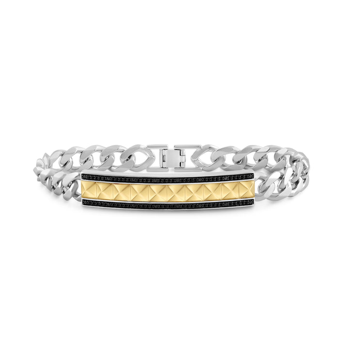 CUBAN MEN'S DRIPZ PYRAMID DESIGN ID BRACELET
with Black Cubic Zirconia Stones and 14K Yellow Gold over Sterling Silver