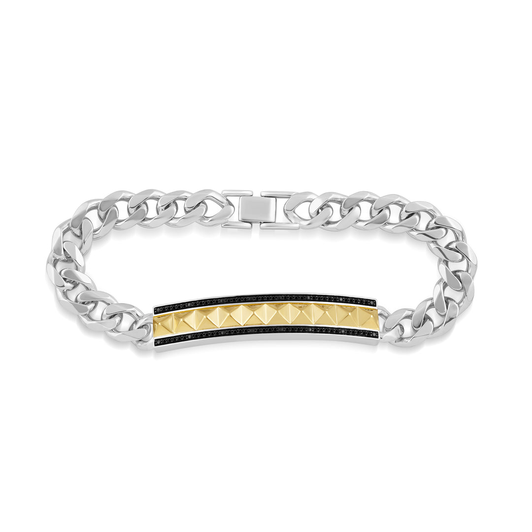 CUBAN MEN'S DRIPZ PYRAMID DESIGN ID BRACELET
with Black Cubic Zirconia Stones and 14K Yellow Gold over Sterling Silver