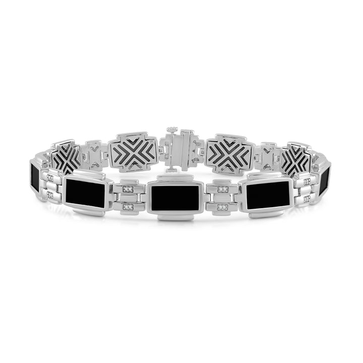 RECTANGULAR ONYX AND LINK MEN'S DRIPZ BRACELET with Cubic Zirconia Stones and Sterling Silver