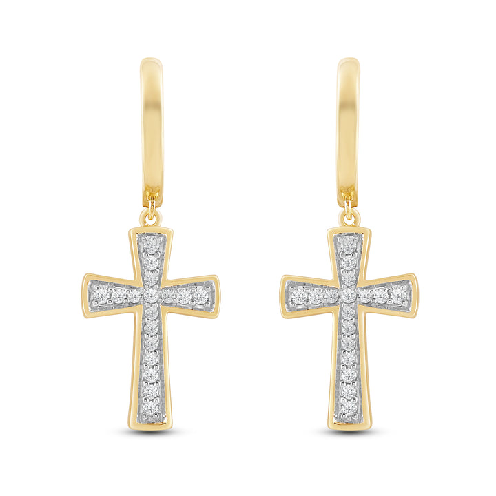 DANGLING TAPERED CROSS UNISEX DRIPZ HOOP with Cubic Zirconia Stones and 14K Yellow Gold over Sterling Silver