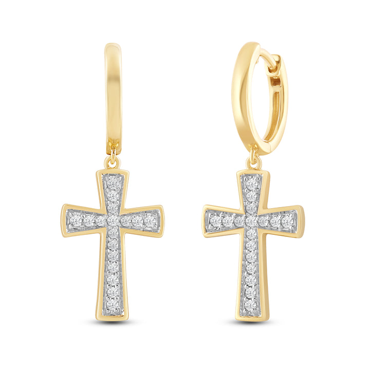 DANGLING TAPERED CROSS UNISEX DRIPZ HOOP with Cubic Zirconia Stones and 14K Yellow Gold over Sterling Silver