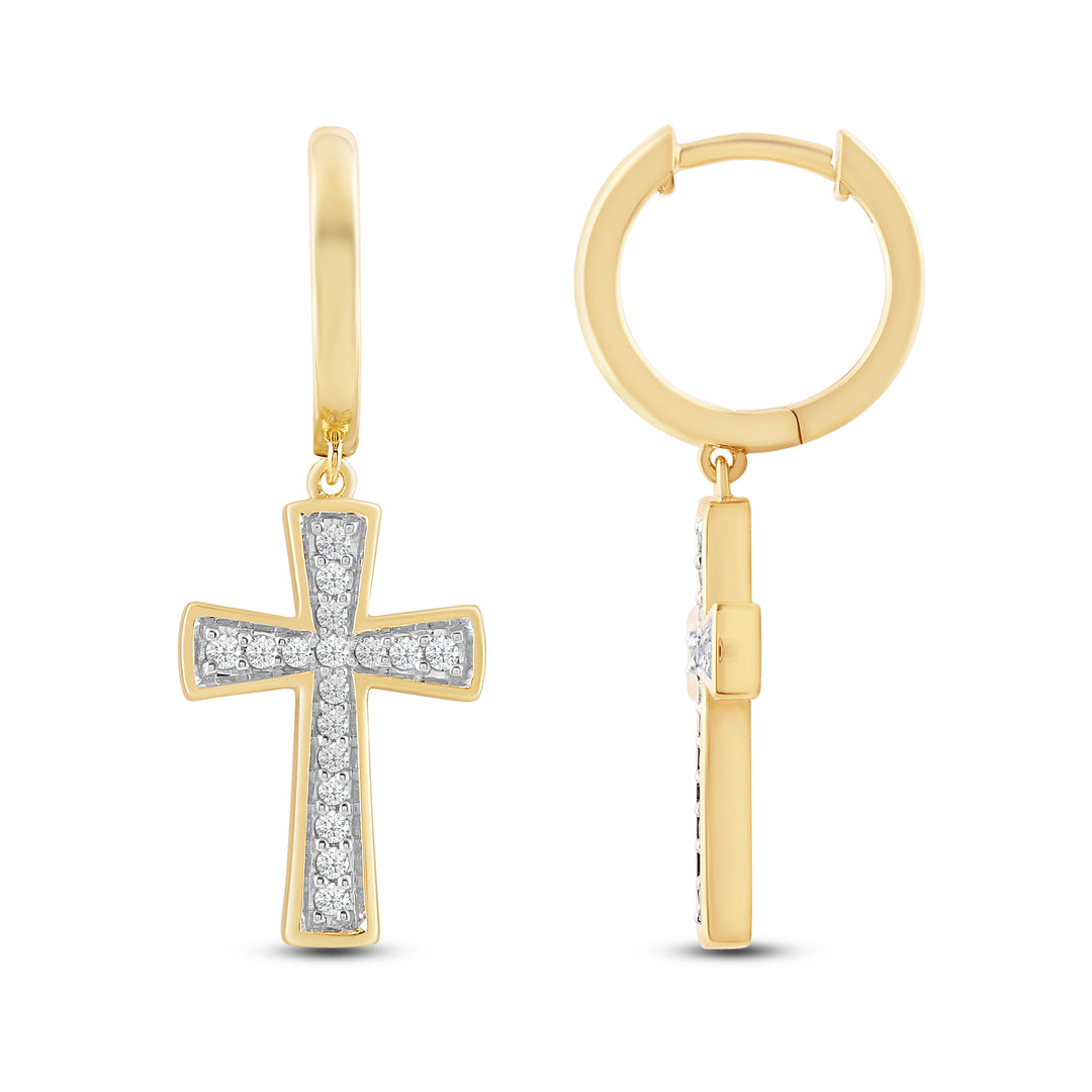 DANGLING TAPERED CROSS UNISEX DRIPZ HOOP with Cubic Zirconia Stones and 14K Yellow Gold over Sterling Silver