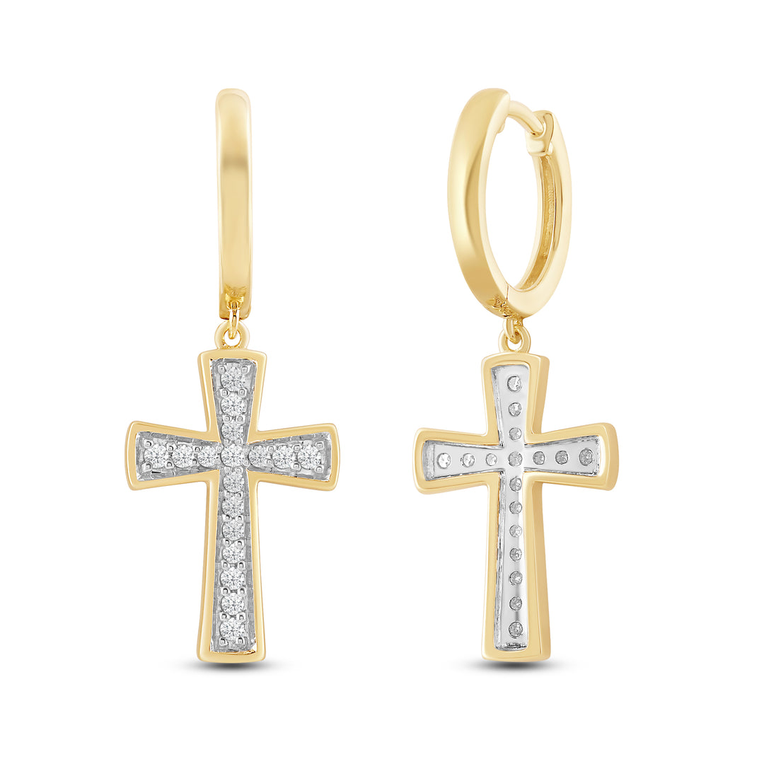 DANGLING TAPERED CROSS UNISEX DRIPZ HOOP with Cubic Zirconia Stones and 14K Yellow Gold over Sterling Silver