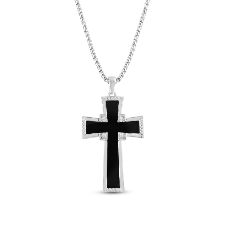 TAPERED BLACK ONYX CROSS MEN'S DRIPZ NECKLACE  with Cubic Zirconia Stones and Sterling Silver and Large Cross Shaped Black Onyx