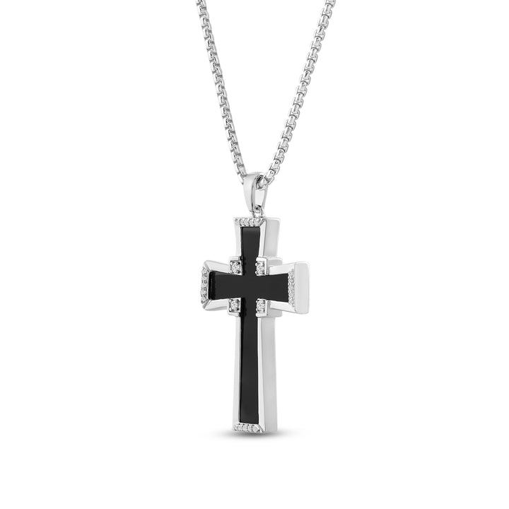 TAPERED BLACK ONYX CROSS MEN'S DRIPZ NECKLACE  with Cubic Zirconia Stones and Sterling Silver and Large Cross Shaped Black Onyx