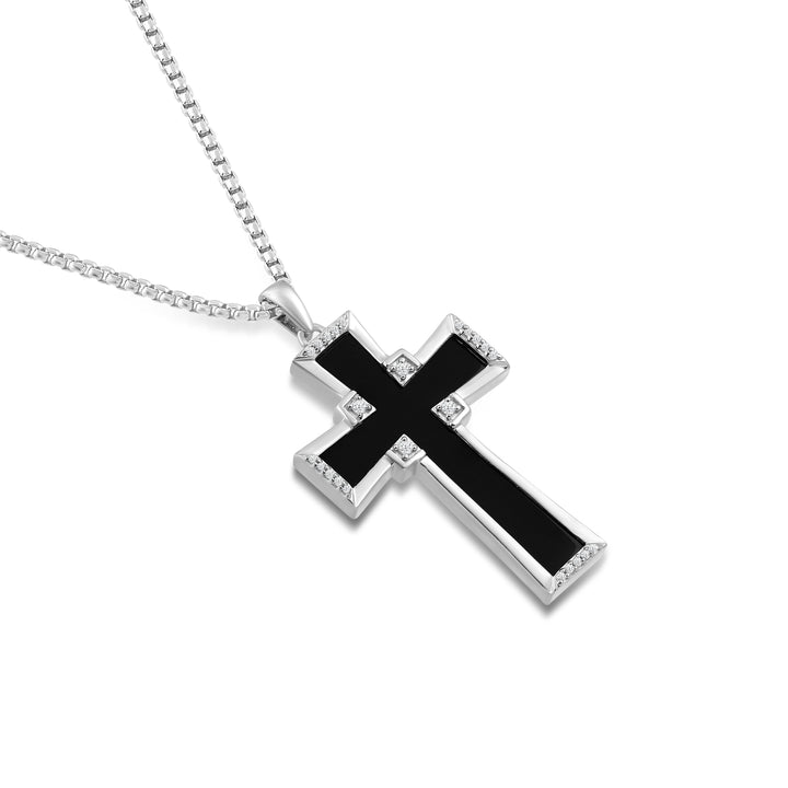 TAPERED BLACK ONYX CROSS MEN'S DRIPZ NECKLACE  with Cubic Zirconia Stones and Sterling Silver and Large Cross Shaped Black Onyx