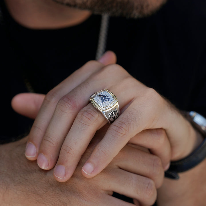 NFL CAROLINA PANTHERS MEN'S ONYX RING 
with 1/20 CTTW Diamonds and Sterling Silver