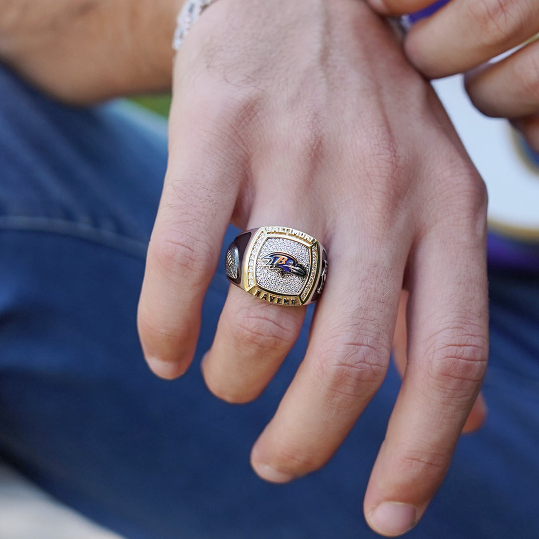 NFL BALTIMORE RAVENS MEN'S ONYX RING 
with 1/20 CTTW Diamonds and Sterling Silver