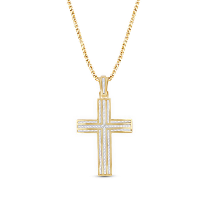 ARCHED BAGUETTE CROSS MEN'S DRIPZ NECKLACE 
with Cubic Zirconia Stones and 14K Yellow Gold over Sterling Silver