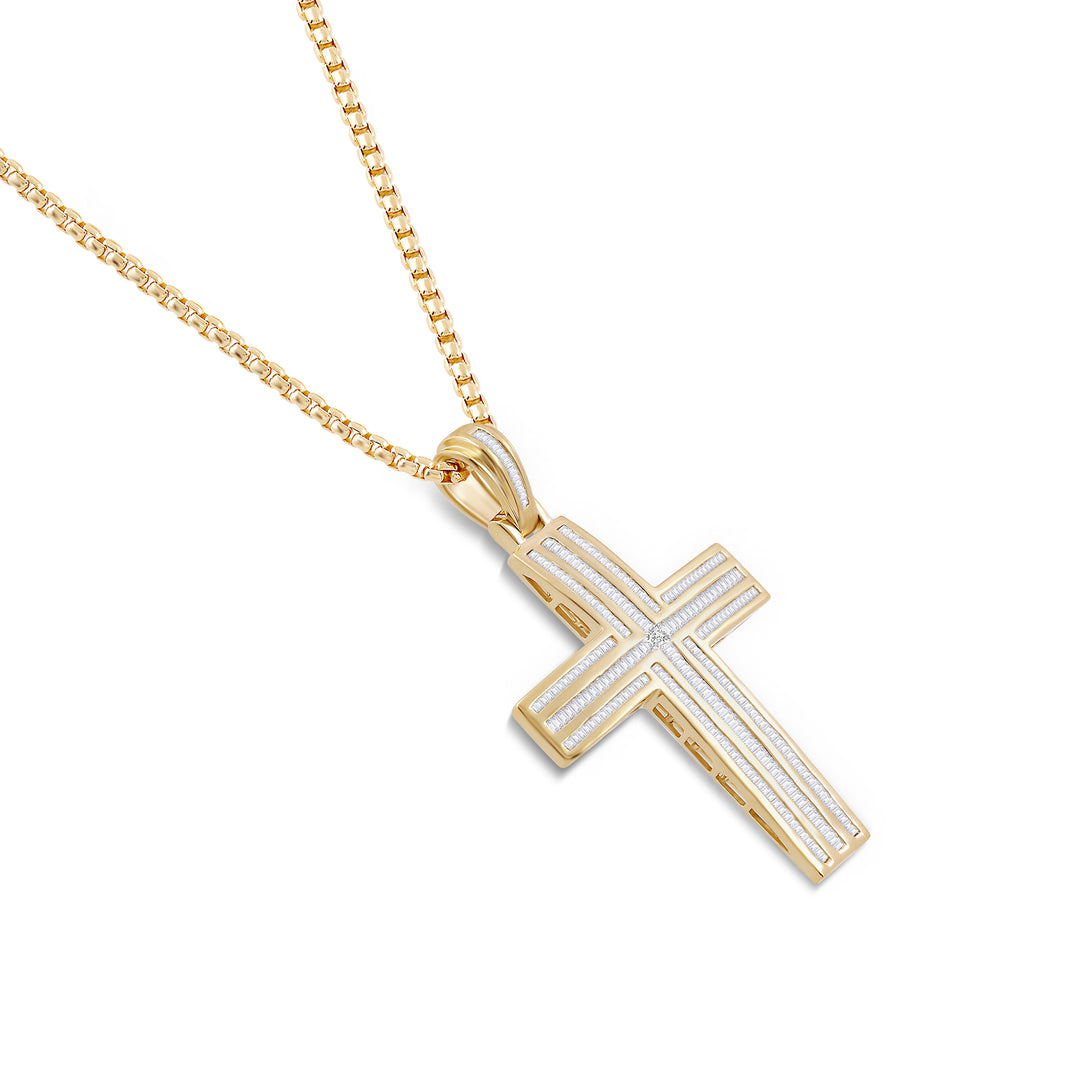 ARCHED BAGUETTE CROSS MEN'S DRIPZ NECKLACE 
with Cubic Zirconia Stones and 14K Yellow Gold over Sterling Silver