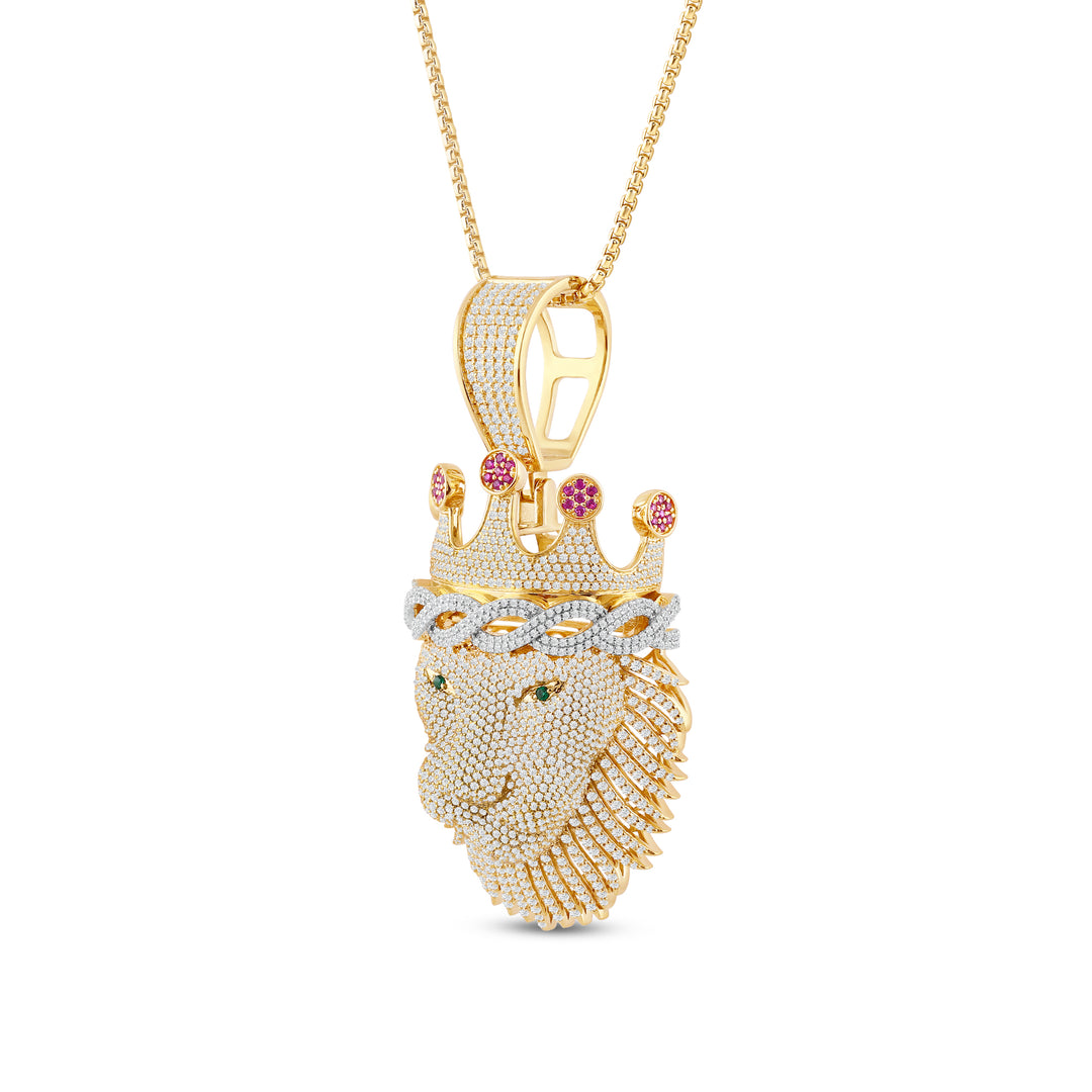 RUBY CROWN LION MEN'S DRIPZ NECKLACE 
with Cubic Zirconia Stones and 14K Yellow Gold over Sterling Silver