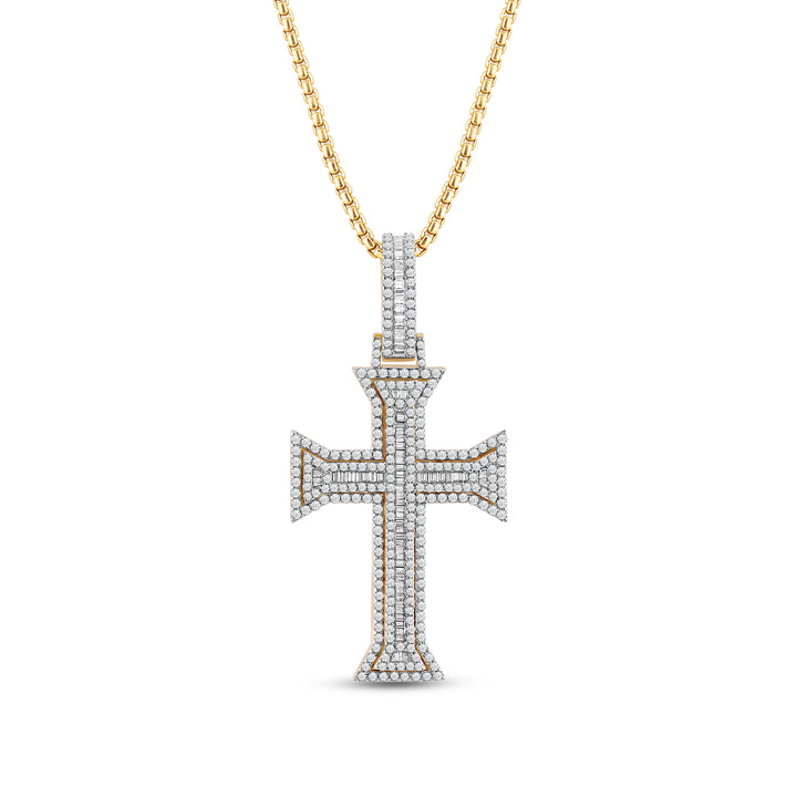 TAPERED OUT LAYERED BAGUETTE CROSS MEN'S DRIPZ NECKLACE 
with Cubic Zirconia Stones and 14K Yellow Gold over Sterling Silver