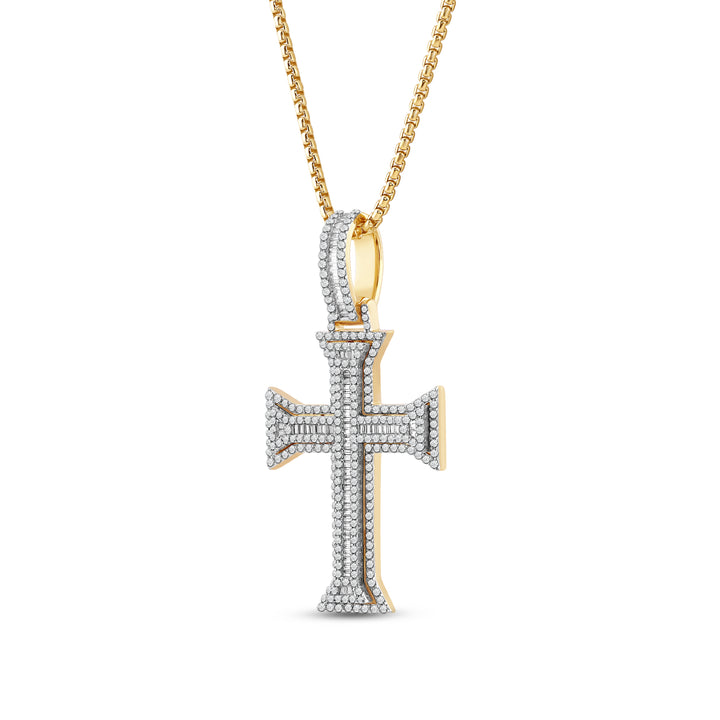 TAPERED OUT LAYERED BAGUETTE CROSS MEN'S DRIPZ NECKLACE 
with Cubic Zirconia Stones and 14K Yellow Gold over Sterling Silver