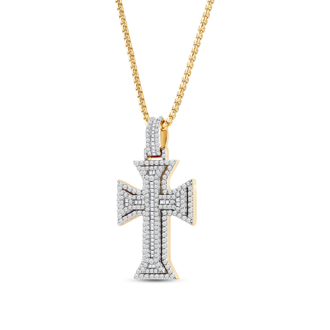 TAPERED OUT LAYERED BAGUETTE CROSS MEN'S DRIPZ NECKLACE 
with Cubic Zirconia Stones and 14K Yellow Gold over Sterling Silver