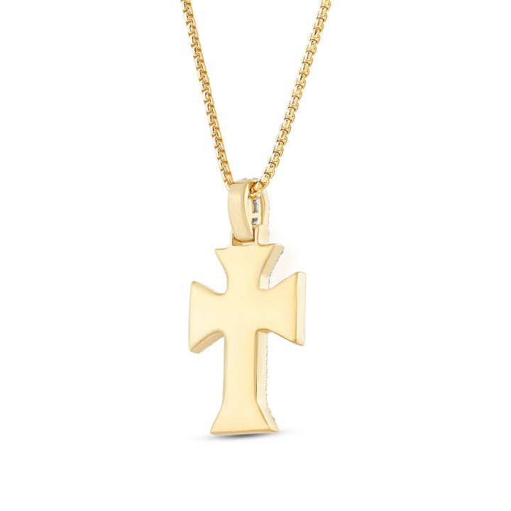 TAPERED OUT LAYERED BAGUETTE CROSS MEN'S DRIPZ NECKLACE 
with Cubic Zirconia Stones and 14K Yellow Gold over Sterling Silver