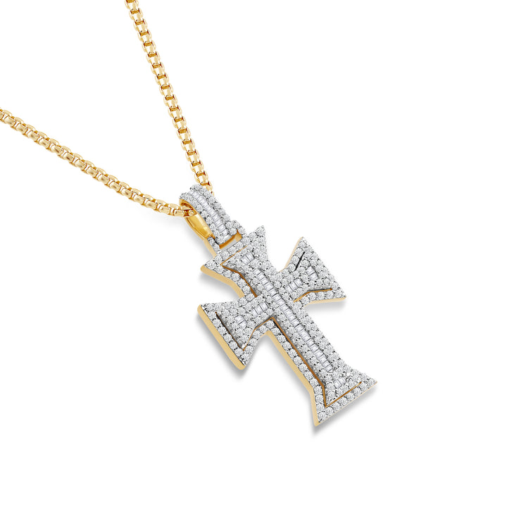 TAPERED OUT LAYERED BAGUETTE CROSS MEN'S DRIPZ NECKLACE 
with Cubic Zirconia Stones and 14K Yellow Gold over Sterling Silver