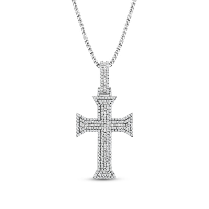 TAPERED OUT LAYERED BAGUETTE CROSS MEN'S DRIPZ NECKLACE 
with Cubic Zirconia Stones and Sterling Silver