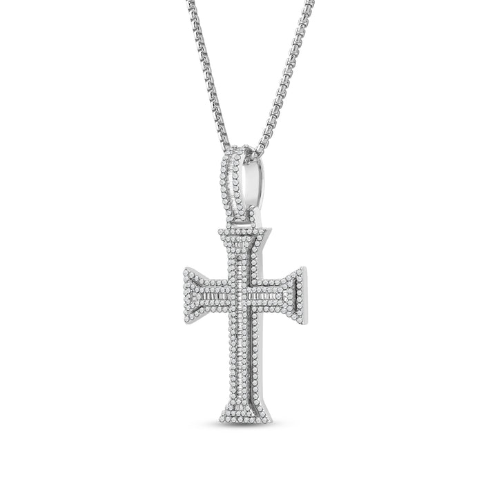 TAPERED OUT LAYERED BAGUETTE CROSS MEN'S DRIPZ NECKLACE 
with Cubic Zirconia Stones and Sterling Silver