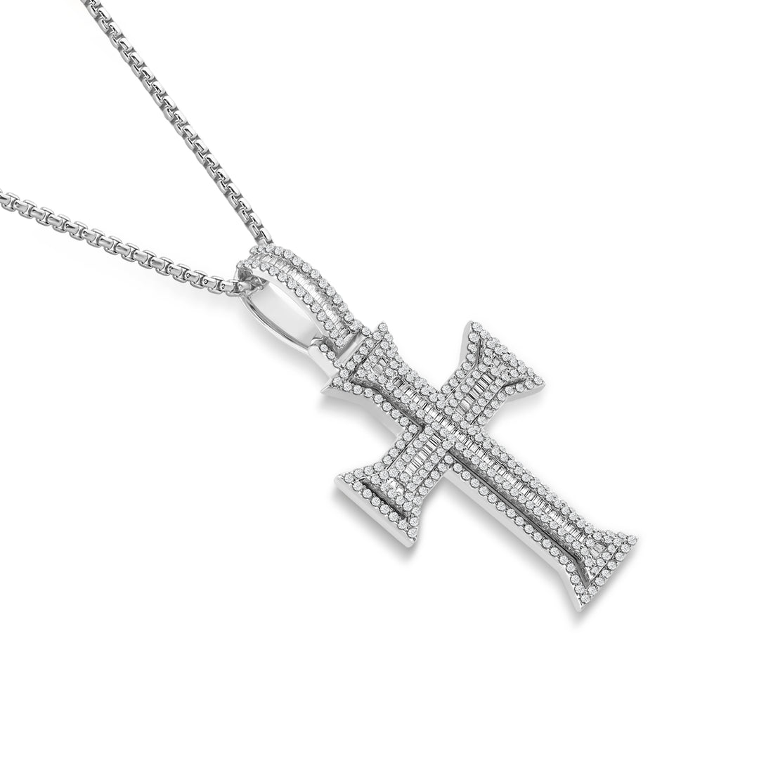 TAPERED OUT LAYERED BAGUETTE CROSS MEN'S DRIPZ NECKLACE 
with Cubic Zirconia Stones and Sterling Silver