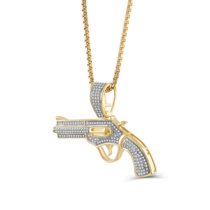 REVOLVER GUN UNISEX DRIPZ NECKLACE  with Cubic Zirconia Stones and 14K Yellow Gold over Sterling Silver