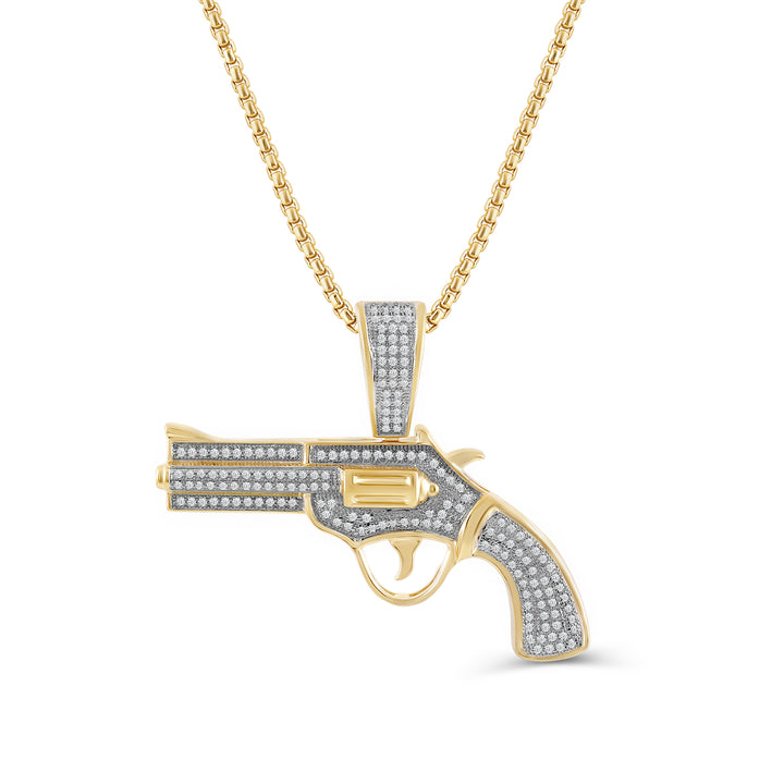 REVOLVER GUN UNISEX DRIPZ NECKLACE  with Cubic Zirconia Stones and 14K Yellow Gold over Sterling Silver