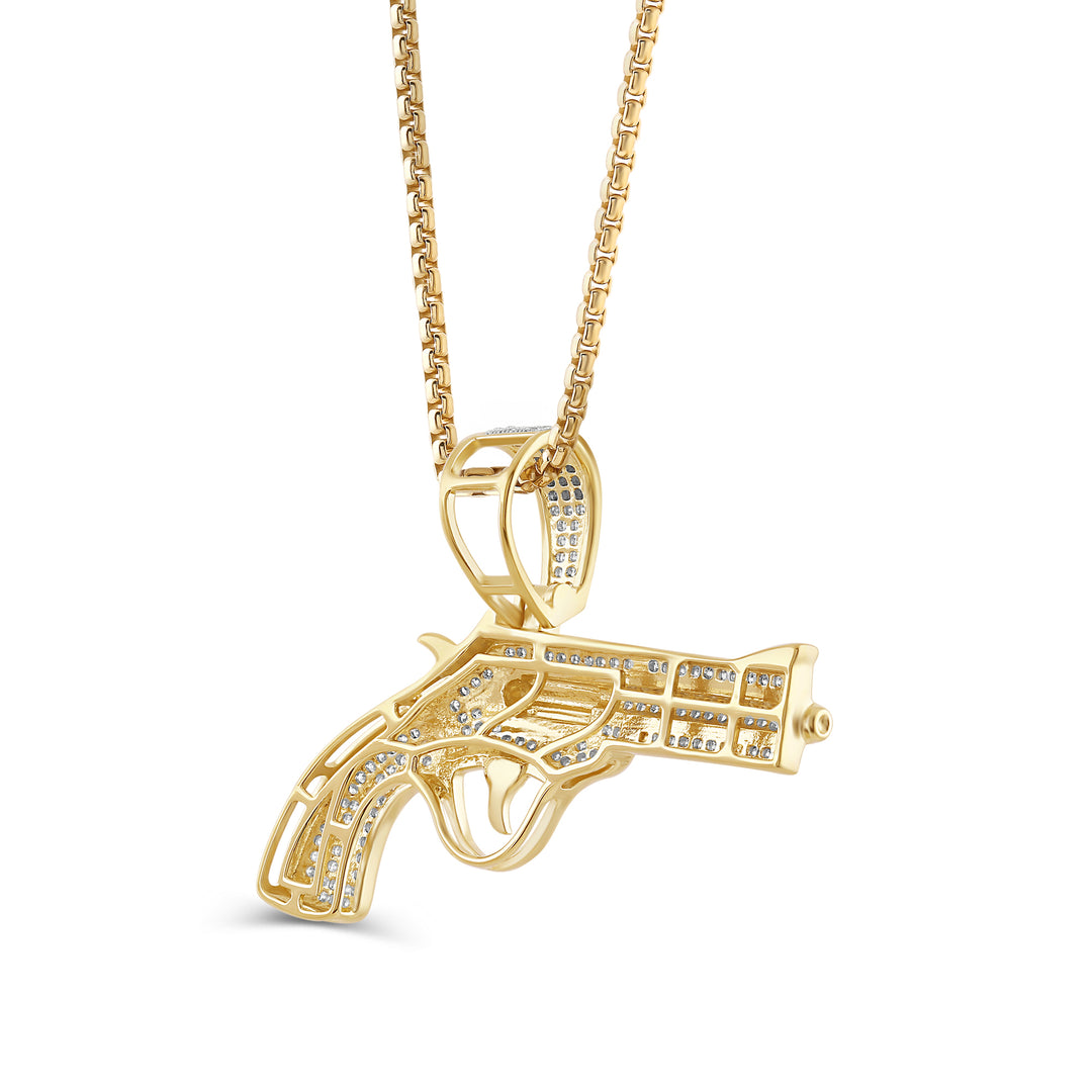 REVOLVER GUN UNISEX DRIPZ NECKLACE  with Cubic Zirconia Stones and 14K Yellow Gold over Sterling Silver