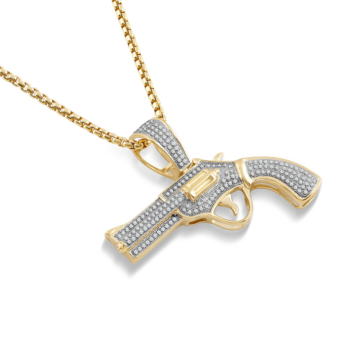 REVOLVER GUN UNISEX DRIPZ NECKLACE  with Cubic Zirconia Stones and 14K Yellow Gold over Sterling Silver