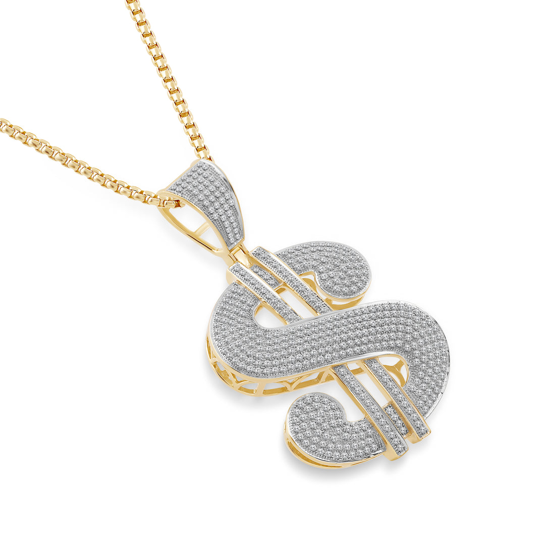 DOMED MICROPAVE DOLLAR MEN'S DRIPZ NECKLACE 
with Cubic Zirconia Stones and 14K Yellow Gold over Sterling Silver