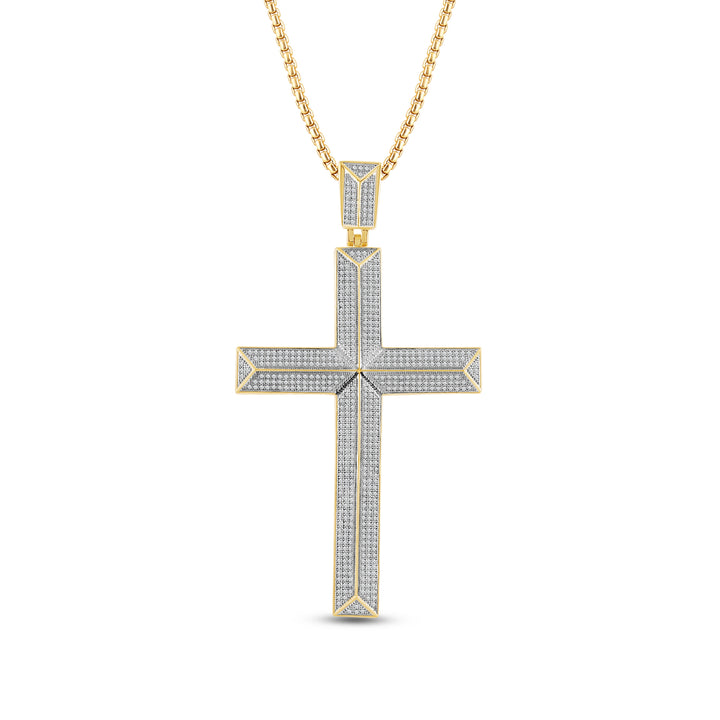 KNIFE EDGED CROSS MEN'S DRIPZ NECKLACE  with Cubic Zirconia Stones and 14K Yellow Gold over Sterling Silver