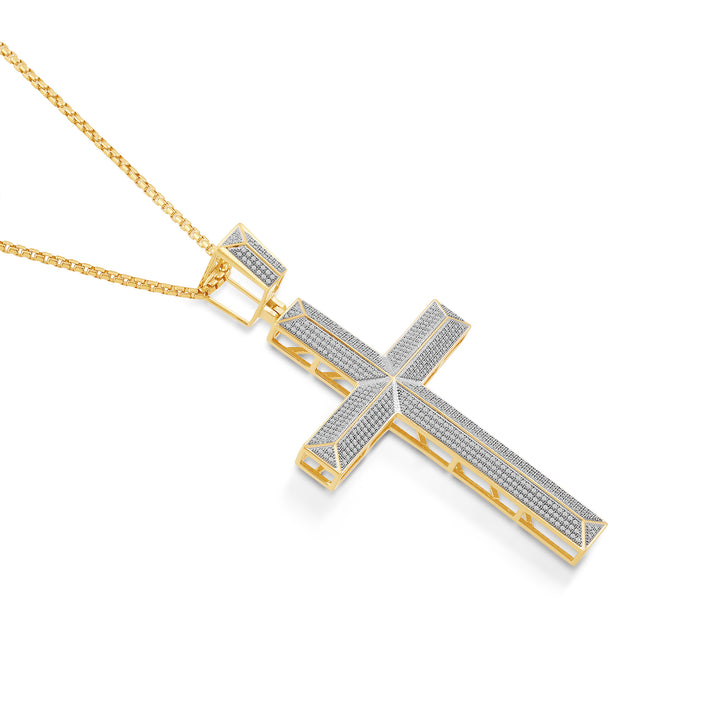 KNIFE EDGED CROSS MEN'S DRIPZ NECKLACE  with Cubic Zirconia Stones and 14K Yellow Gold over Sterling Silver